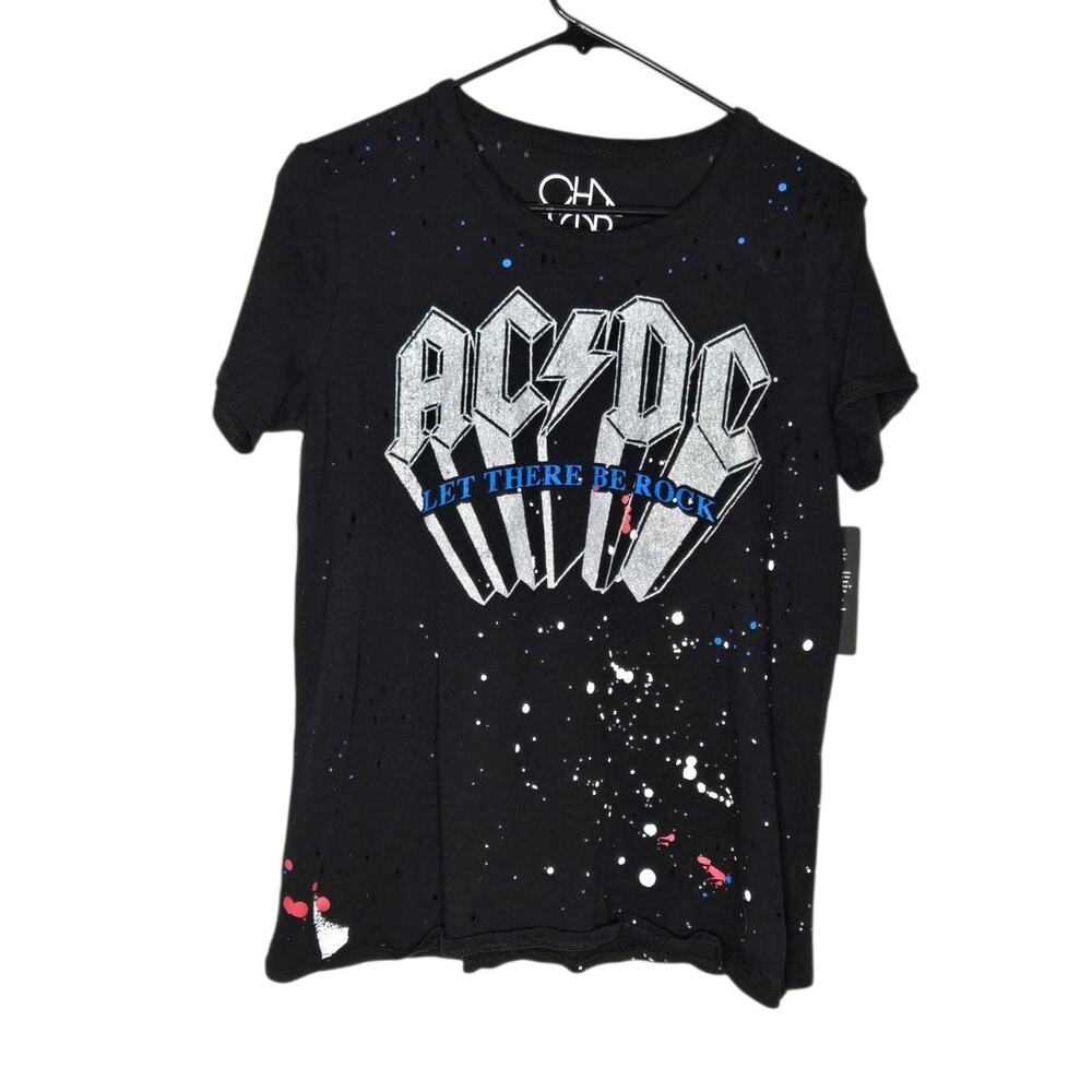 Chaser AC/DC Glitter Distressed Paint Splatter Tee NEW Women's Medium